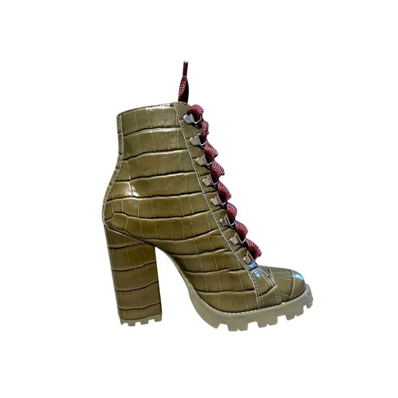 Schutz Olive Green Croc-Embossed Lace-Up Block Heel Boots W/ Burgundy Laces - 5 - Picture 6 of 9